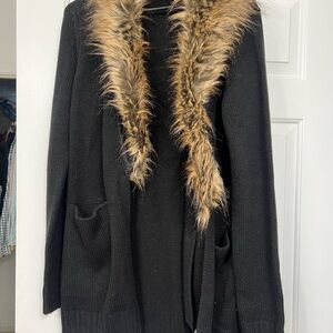Women's Black Sweater with Faux Fur Trim